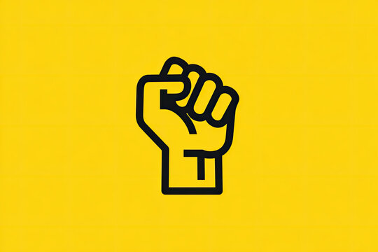 Raised fist gesture linear icon yellow background . Thin line illustration. Squeezed hand. Contour symbol. Vector isolated outline drawing 