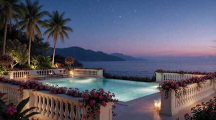 Obraz premium Luxury swimming pool with ocean view at night. Palm trees, mountains and stars on horizon. Romantic tropical resort terrace with flowers and ambient lighting.