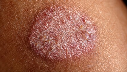 Fototapeta premium Close-up of red dry scaly skin lesion on brown skin showing peeling and inflammation detail