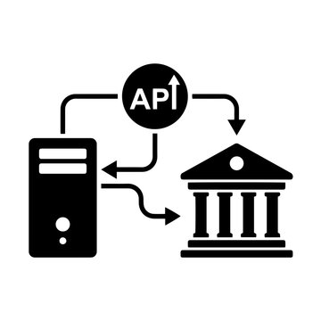 Api connection showing a server and a bank building with arrows indicating data exchange, black and white financial technology