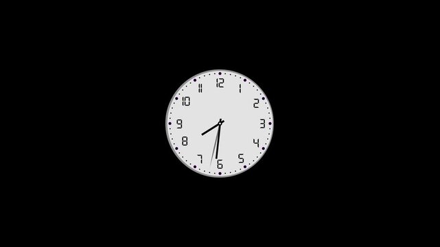 Clock spinning, watch animation on white background with alpha channel. Clock icon flat style. 12 hours clock dial , twenty-four hours time lapse animation. Analog clock spinning 