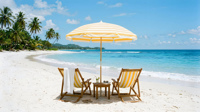 Beach chairs and umbrella on a sunny tropical sandy beach