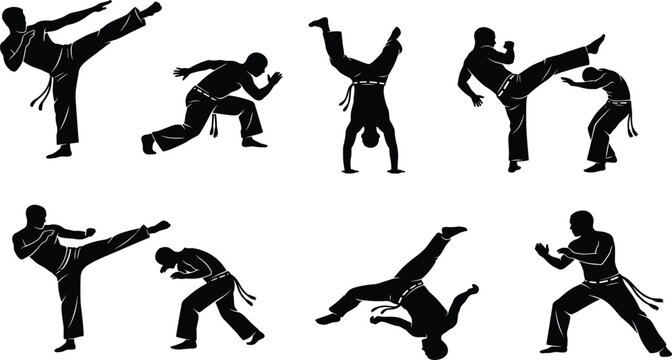 Capoeira Martial Arts Silhouettes Vector Set of Fighters Performing Kicks and Acrobatics