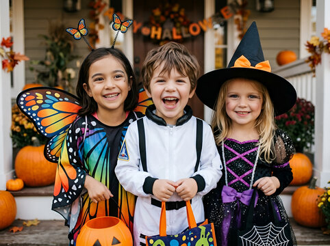 Happy kids dressed as halloween costumes smiling