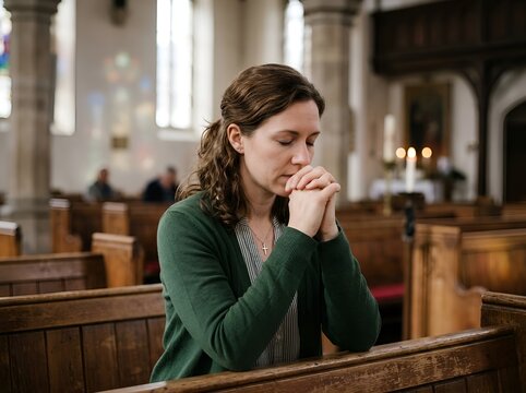 Woman praying in wooden church pews