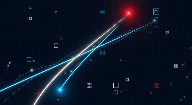 Abstract futuristic digital network visualization with glowing neon lines and data points on a dark