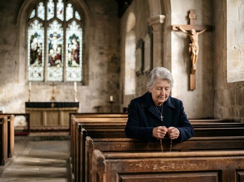 Priest praying in a church with stained glass windows