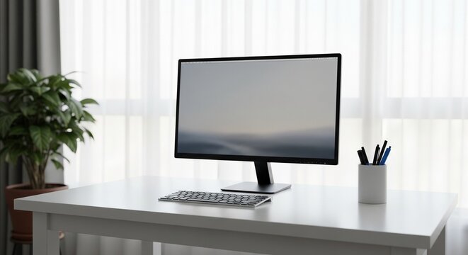 Modern Desktop Workspace with Blank Monitor Screen and Potted Plant on a Minimalist White Table for Professional Business Use