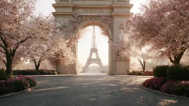 Paris, France, Europe. A vivid portrayal of the Eiffel Tower in Paris, France, bathed in the soft glow of the rising sun. The iconic structure is framed by an ornate stone archway.