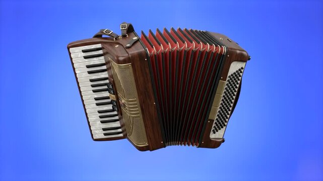 A detailed 3D render of a traditional wooden piano accordion with red bellows, set against a vibrant blue studio backdrop. Perfect for music school advertisements, folk music visualizers, acoustic ins