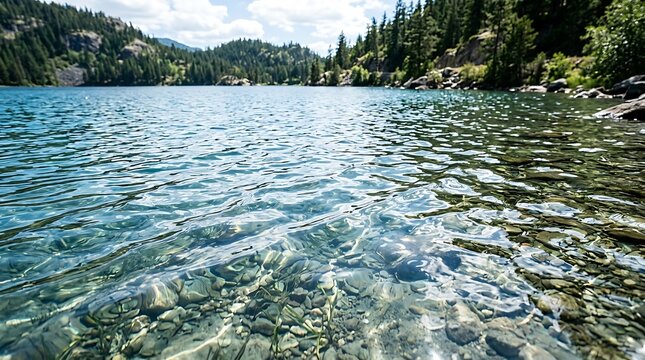 Crystal clear water of a mountain lake with a rocky shoreline and dense pine forest under a bright blue summer sky