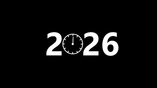 2026 new year countdown clock icon animation with rotating clock hands, minimalist white text on black background, holiday celebration and event planning motion graphic