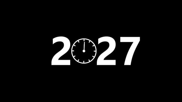 2027 new year countdown clock icon animation with rotating clock face on black background, holiday celebration and future planning, 4k