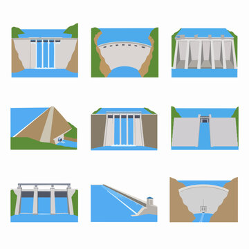 A collection of flat vector icons depicting various types of hydroelectric water dams.