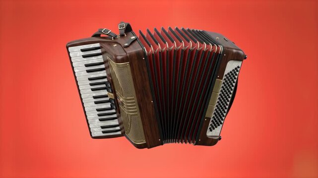 A classic brown accordion musical instrument with keyboard keys and bellows isolated on a solid bright red background. Perfect for folk music promotional graphics, musical instrument retail ads, conce