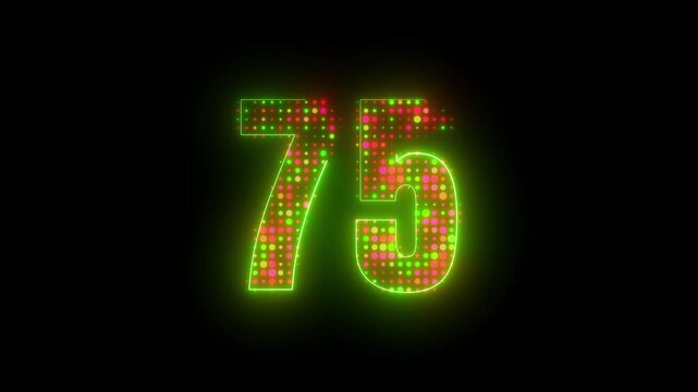 High contrast neon number 75 with sparkling dotted interior and glow