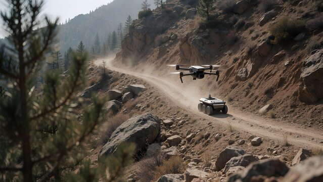 Drone flying above off road unmanned ground vehicle on dusty mountain road tracking autonomous outdoor exploration technology
