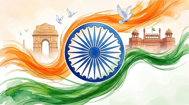 Tricolor waving ribbon with ashoka chakra wheel and red fort india gate silhouette for happy republic independence day banner