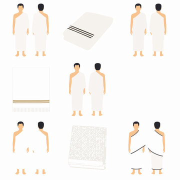 Vector illustration set of Muslim men wearing white ihram clothing for Hajj pilgrimage.