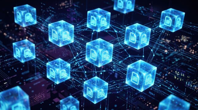 Blockchain Network of Glowing Digital Cubes with Document Icons