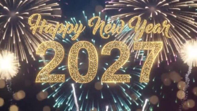 Happy new year 2027 golden glitter fireworks card