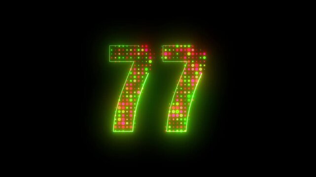 Glowing neon number 77 vibrant green led halftone dot grid pattern on dark black background digital graphic 4k video