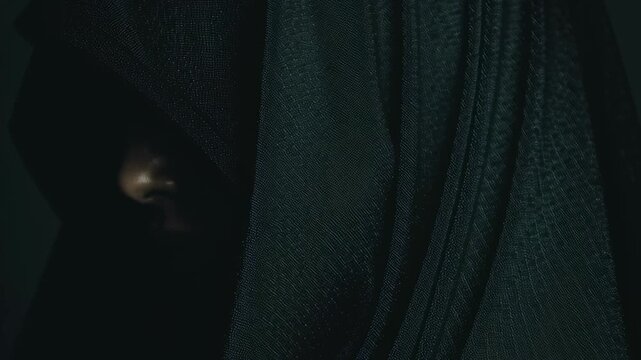 Close-up static shot: A woman's face is partially obscured by a dark veil. Dramatic side lighting emphasizes her features against a dark background.