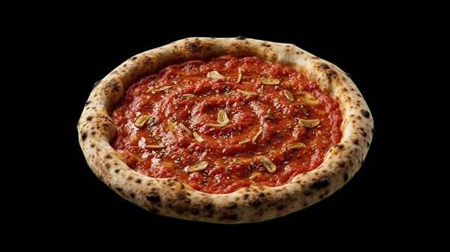 A whole traditional Neapolitan Marinara pizza topped with tomato sauce, garlic slices, oregano, and olive oil, isolated against a dark black backdrop. Great for pizzeria menus, Italian restaurant bran