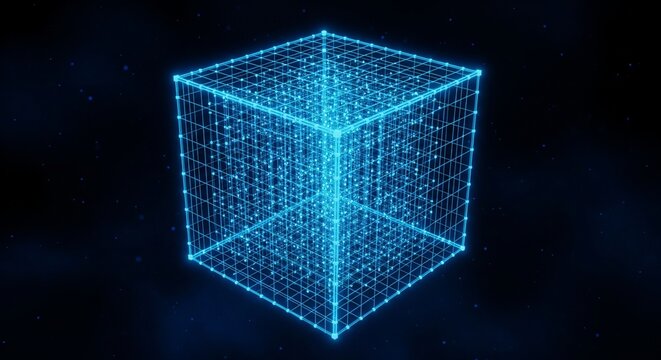Abstract glowing blue digital cube formed by interconnected dots and lines against a dark starry