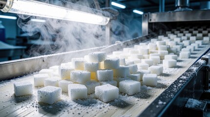 Obraz premium White sugar cubes move on industrial conveyor belt inside food factory. Steam rises over automated production line equipment. Bulk manufacturing machinery transports sweet refined blocks for packing