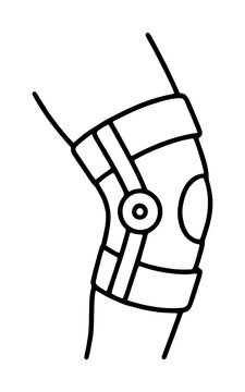 Hand drawn black and white vector icon illustration of a hinged knee brace support worn on a bent leg for joint injury protection and medical orthotic recovery