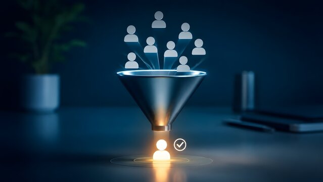 3D sales funnel filtering customer leads into a single approved glowing candidate profile for recruitment and marketing concept