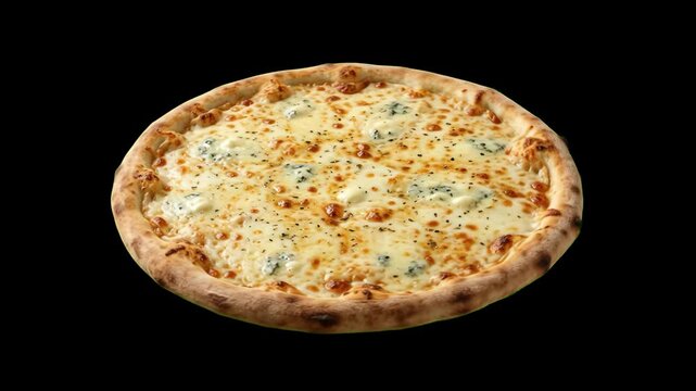 A mouthwatering wood-fired four cheese pizza featuring melted blue cheese and crispy crust, presented against a sleek black backdrop. Excellent for luxury restaurant menus, artisan bakery ads, and cin