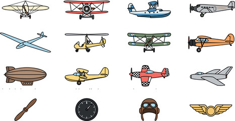 Vintage Aviation and Antique Aircraft Vector Set Featuring Historic Monoplanes Biplanes Flying Boat Glider Autogyro Airship Zeppelin and Retro Jet Prototypes © MDSojib
