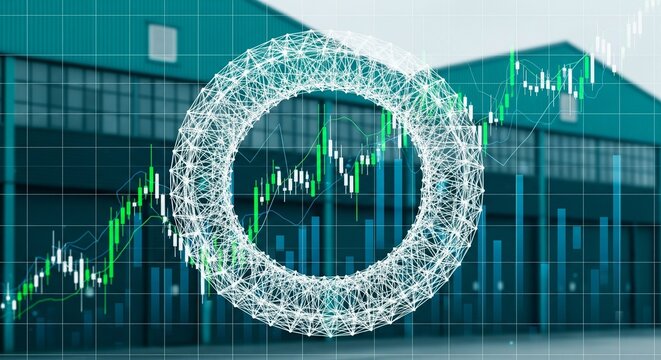 Abstract glowing digital network ring with financial stock market data charts and warehouse