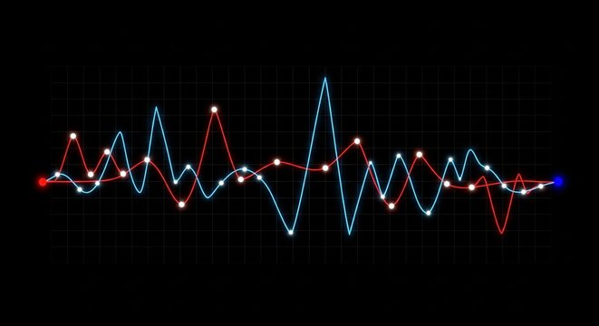 Abstract glowing neon lines and data points on a dark grid background representing financial charts or scientific research visualizations