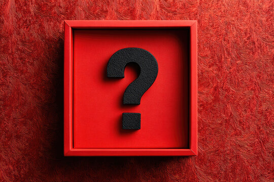 red background, a red frame with a black question mark in the center