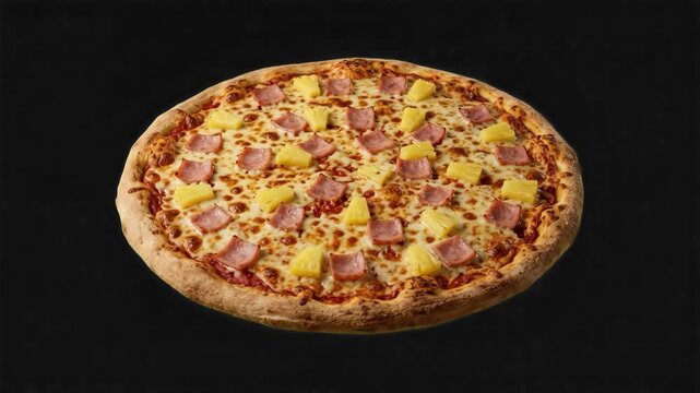 A detailed 3D model of a fresh whole Hawaiian pizza topped with baked ham, sweet pineapple chunks, and melted mozzarella cheese, set against a solid dark black studio backdrop. Perfect for pizzeria ad