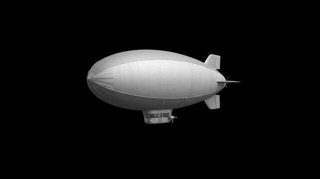 A classic white dirigible blimp airship flying sideways, isolated against a solid black backdrop with studio lighting. Ideal for aviation promos, vintage transport visuals, advertising blimp concepts,
