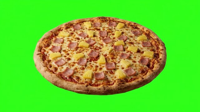 Freshly baked Hawaiian pizza with pineapple chunks, ham, and melted cheese isolated on a chroma key green screen background. Suitable for restaurant commercials, pizzeria promos, food delivery ads, me