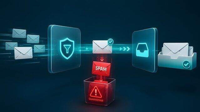 Glowing digital interface filtering emails showing safe messages moving to inbox and red spam diverted to quarantine bin for cybersecurity concept