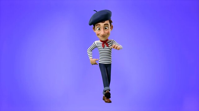A cheerful 3D rendered cartoon French boy wearing a beret and striped shirt dancing joyfully on a solid purple backdrop. Suitable for educational content, entertainment promos, social media videos, an