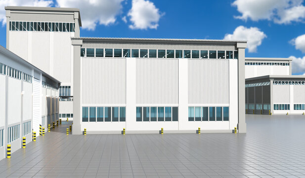 Industrial construction. Modern factory buildings form a manufacturing and logistics complex designed for production, warehousing and commercial operations. 3D image