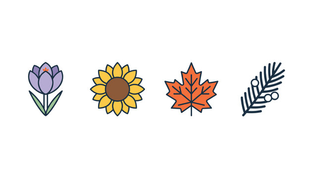 Row of four colorful nature icons including a crocus flower sunflower maple leaf and cedar branch on a white background.