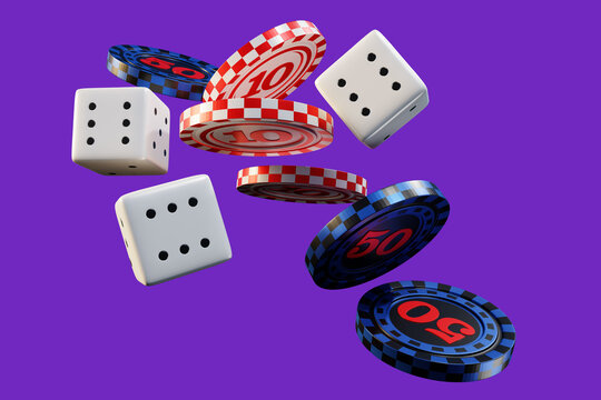 Casino entertainment. Floating poker chips and dice represent gambling, casino games, betting, luck and gaming concepts on a vibrant background. 3D image