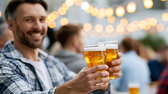 Friends toasting with craft beer at lively outdoor festival enjoying social gathering celebration and cheerful summer atmosphere