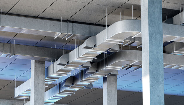 HVAC installation. Industrial ventilation ducts and air distribution system mounted beneath a commercial building ceiling for climate control and indoor air quality. 3D image