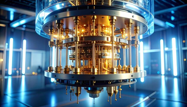 Quantum Computer Cryostat with Golden Wiring in Futuristic Laboratory Setting