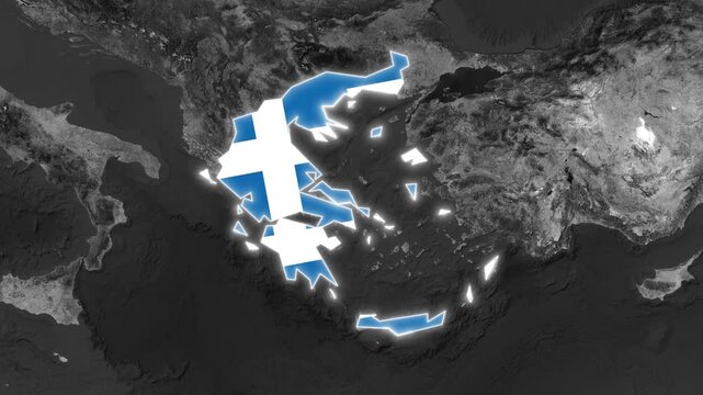 Greece Map Highlight with Animated Flag Pin on Black and White World Map