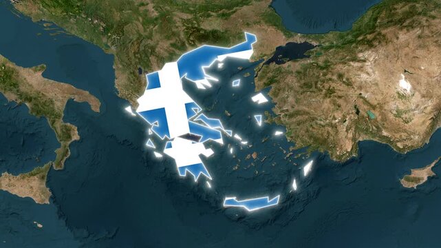 Greece Map Highlight with Animated Flag Pin on World Satellite Map